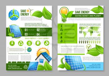 Save energy brochure template. Saving energy tips for eco green house poster with solar energy panel, light bulb with sun and green leaf, wind turbine and recycle symbol. Ecology themes design