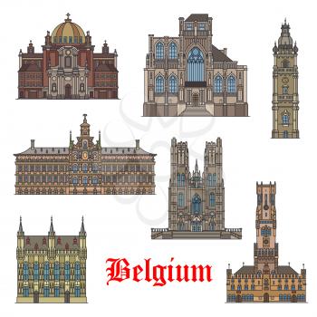 Belgian travel landmarks thin line icon. Belfry of Mons, Antwerp City Hall, Belfry of Bruges, Church of St Christopher, Church of St Peter, Town Hall of Bruges, Cathedral of St Michael and St Gudula