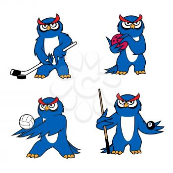 Owl mascot for volleyball, hockey, bowling and billiard sport. Blue owl players with balls, cue stick, ice hockey puck and stick. Sport club and team or sporting competition mascot design