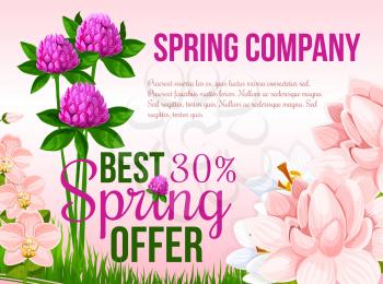 Spring Sale vector poster for springtime holiday discount offer and shopping promotion. Floral design of blooming clover flowers and orchid bouquets on spring grass meadow