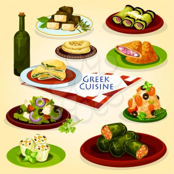 Greek cuisine healthy lunch menu poster. Greek vegetable salad with feta cheese, pita bread with spinach, meat pie, garlic bread, seafood risotto, stuffed grape leaf dolma, eggplant roll with meat