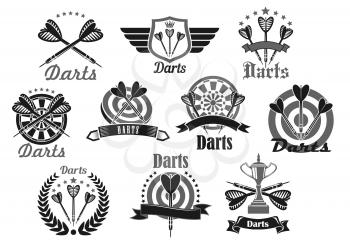 Darts club or sport competition symbol set. Darts and dartboard with champion trophy cup, laurel wreath and ribbon banner, adorned with star and crown. Darts team or sport club emblem design