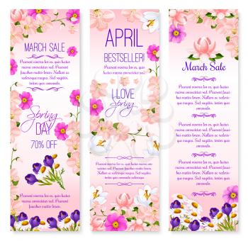 Spring Sale vector banners with flowers design. Blooming orchid blossoms, crocuses and daisy petals on pink field. Floral design for springtime holidays shopping discount and sale promotion offers