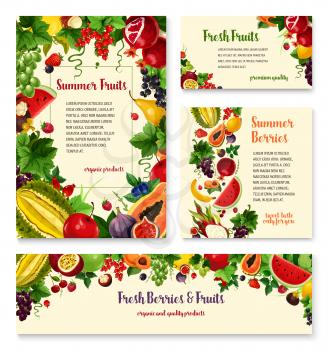 Fruit and berry banner template set. Apple, strawberry, cherry, banana, grape, papaya, lemon, watermelon, peach, pear, blueberry, dragon fruit, pomegranate, fig and durian for flyer, brochure design
