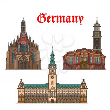 German travel landmarks of Nuremberg and Hamburg architecture thin line icon. Hamburg Rathaus or City Hall, Frauenkirche church and protestant baroque church of St Michaelis. Travel themes design