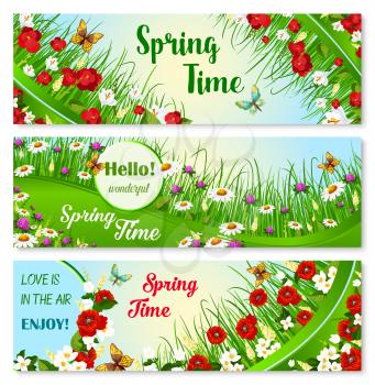 Hello Spring vector banner set. Springtime blooming flowers and greeting quotes. Welcome Spring Time floral design with butterflies on poppy blooms and daisy fields or green grass meadows