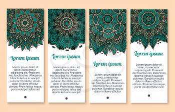 Flower banner template set. Circle floral pattern of mandala flower with green and gold paisley ornament, supplemented by text layout for greeting card, invitation or business card design
