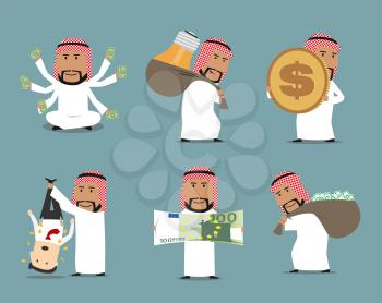 Rich arab businessman with money character set. Arab millionaire and successful businessman with money bag full of dollar banknotes, huge euro bill and dollar coin for wealth, financial success design