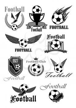 Football or soccer sport club symbol set. Football or soccer ball, gate, boots and champion trophy cup with ribbon banner, heraldic shield and laurel wreath, decorated with wing, flame and crown