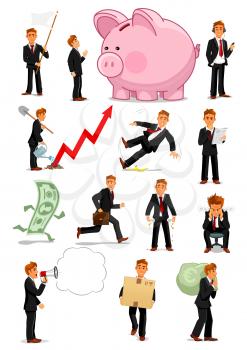 Businessman character set. Young businessman reading, listening music, carrying money bag and box, running away, bankrupt with empty pockets, white flag, manager with piggy bank, loudspeaker