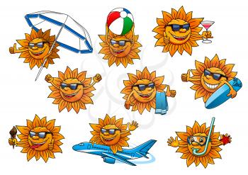 Sun cartoon character set. Yellow sun in sunglasses and diving mask with ice cream cone, cocktail drink, towel, beach umbrella, ball, surfboard. Summer vacation, beach holiday, travel mascot design