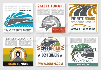 Road travel and traffic safety flyer template. Speedy highway, crossroad and road tunnel symbols for transportation service, road tunnel safety and transit travel agency business card or poster design