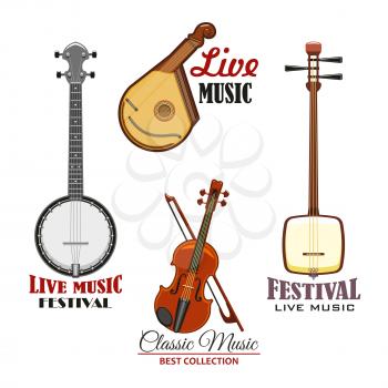 Musical instrument isolated icon set. Live music concert and ethnic musical festival emblem with violin, sitar, banjo and mandolin. Classic orchestra and folk band symbol design