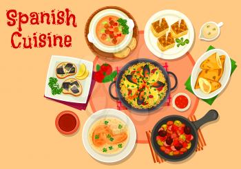 Spanish cuisine healthy dinner dishes icon with seafood paella, fish tapas escabeche, olive stew with sausage, tomato vegetable soup gazpacho, potato tortilla, chicken pie, rabbit in bread sauce