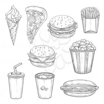 Fast food sandwiches, drinks and dessert isolated sketch. Hamburger, pizza, hot dog, takeaway coffee cup, french fries, cheeseburger, sweet soda, ice cream cone and popcorn. Fast food menu design