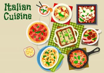 Italian cuisine tasty dinner icon of pasta casserole with cheese, salmon spinach pasta, tomato potato soup, stuffed pasta with cheese and herbs, bacon and zucchini lasagna, strawberry pie crostata