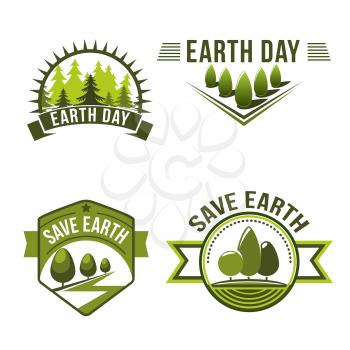 Earth Day, save planet, ecology symbol set. Green nature badge with tree and plant of eco forest and park. World environment protection day, Happy Earth Day themes design