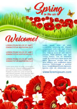Welcome Spring poster design with blooming flowers on green grass field. Vector springtime holiday quotes and wishes template with poppy and orchid blossoms bouquet