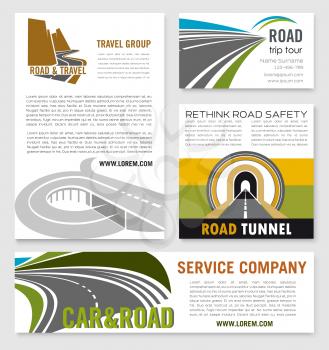Road travel and tour service company or brand templates set. Vector posters and business card for tourist agency, highway and motorway tunneling construction or traveler adventure journey group