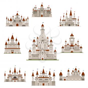 Castle or medieval fortress vector icons set. Royal princess or knight residence tower of fairy tale kingdom fort with fortified walls and flags on roof. Gothic architecture building
