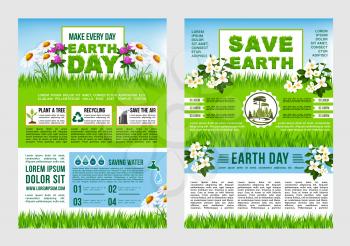 Earth Day, Save Planet information poster template. Green tips to save earth text layout with recycle, saving water, plant trees and save air symbols with spring flowers and grass on background