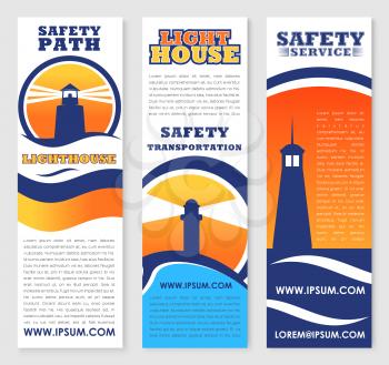 Safety marine and ship transportation banners set with vector lighthouse or beacon symbols. Safe seafaring service company in maritime transport navigation templates set