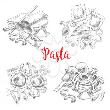 Pasta vector sketch of macaroni and spaghetti, penne and lasagna or traditional tagliatelli and ravioli. Italian cuisine fettuccine or farfalle and pappardelle, konkiloni bucatini and tortiglioni
