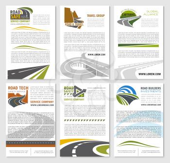 Travel company or road trip banners set for car tour and bus tourist agency. Templates for transportation or tourism service with symbols of highways or motorways