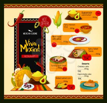 Mexican cuisine menu for restaurant. Viva Mexico vector traditional dishes of guacamole avocado and salsa sauce, tacos or corn tortillas with spicy meat and bean fillings and dessert cakes