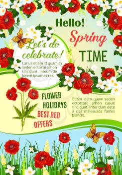 Springtime holidays sale poster. Best price offer floral banner with spring flower field and floral frame of crocus, poppy, jasmine flowers with green leaf and grass. Spring season sale flyer design