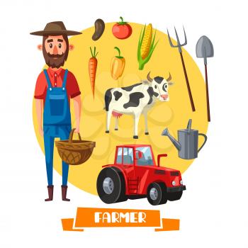 Farmer on farm vector poster. Agriculture and farming profession bearded man with tractor for vegetable harvest, cow cattle and agronomy planting implements of spade and pitchfork with wicker