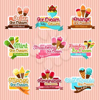 Ice cream stickers. Ice cream taste sorts of fruit ice, mint and strawberry soft ice, frozen pomegranate juice and mango sundae or coffee sorbet with chocolate waffle. Symbols for gelateria cafe menu