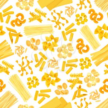 Pasta seamless pattern of spaghetti, lasagna or tagliatelli and ravioli. Italian cuisine macaroni farfalle or pappardelle, penne and fettuccine or konkiloni bucatini and tortiglioni creste di gallo