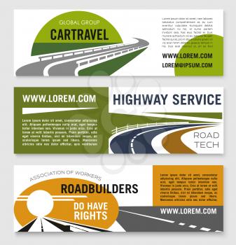Highway service or road travel company vector banners set. Business templates for transportation and building of motorways worker association or road builders investment corporation