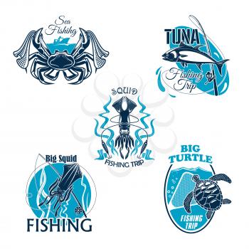 Sea fishing club badges set of fish and seafood. Vector icons of crab lobster and squid, tuna on and turtle. Fisherman catch and tackle of fishing rod, scoop net and hook lure baits