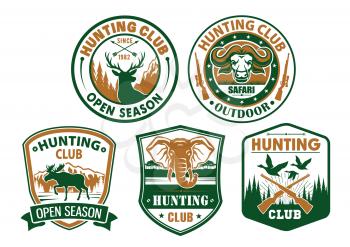 Hunting or hunter club badges with symbols of wild animals musk-ox and deer, duck birds, elk and african elephant. Hunt sport vector icons of guns and riffles for open season or safari adventure