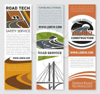 Road safety service banners set for highway construction technology company. Vector templates set for transport tunneling pathway and motorway bridge building and transportation corporation