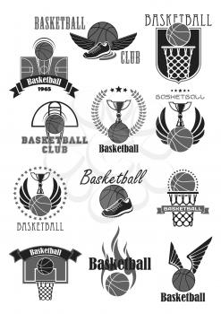 Basketball club badges and championship tournament award symbols templates. Vector icons of ball and basket and player sneakers, winner cup prize or champion ribbon with trophy laurel wreath and stars