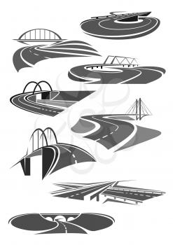 Road and highways icons set for motorway service or transport bridge building and tunnel construction company. Vector templates for car travel or tourist transportation corporation or agency