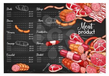 Meat farmer market or butchery delicatessen price or menu template. Vector meat products of brat wursts, bacon or wiener and frankfurter sausages, ribeye steak, hamon and brisket