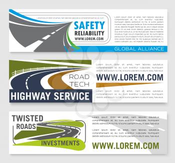 Safety road construction and highways service company or investment corporation banners set. Vector templates of transport motorway building and tourist travel agency