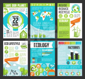 Ecology poster template set. Clean energy, green house, eco lifestyle, sustainable industrial factories and recycle, reuse, reduce banners with globe, tree, solar panel, wind turbine, eco transport