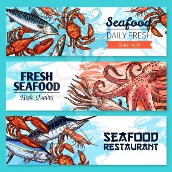 Seafood and fish restaurant banners. Vector fresh fishing catch of octopus or lobster crab and shrimp prawn, Japanese cuisine mackerel, marlin and fresh salmon. Sketch set for fish market or store