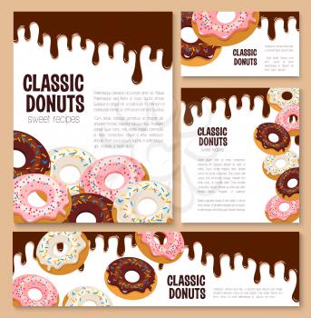 Donut templates and recipe posters set for cafe menu. Classic doughnut pastry cake covered with chocolate fondant and caramel glaze or fruit jam filling. Bakery shop or patisserie vector banner
