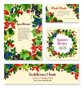 Berries templates set of blueberry or black currant and cranberry, fresh raspberry and gooseberry. Farm harvest fruits of strawberry, juicy briar and wild cowberry or redcurrant for jam or juice and m