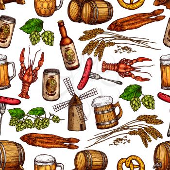 Beer and snacks seamless pattern of vector beer mug or barrel, hop and barley ears and windmill, grill or barbecue sausage and dried fish kipper or lobster and pretzel for Oktoberfest pub or bar