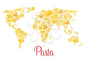 Italian pasta designed in world map. Traditional macaroni and spaghetti fin form of continents. Vector Italy cuisine pappardelle, penne and lasagna, tagliatelli or fettuccine and ravioli or konkiloni