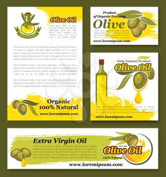 Olives and olive oil product templates set. Vector symbols of fresh green olive fruits harvest for Italian cuisine design or extra virgin oil food or cosmetic product bottles and pitchers packaging
