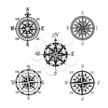 Compass or Wind Rose marine navigation icons. Vector symbols of nautical retro navigator compass with winds names of East, West, North and South arrows for ship travel design