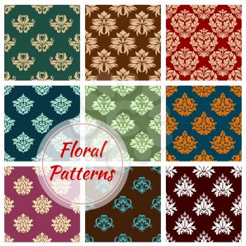 Damask floral pattern of seamless flourish baroque ornaments. Vector flowery tracery adornments set. Vector luxury ornamental antique rococo and vintage motif patterns design for interior decor tiles